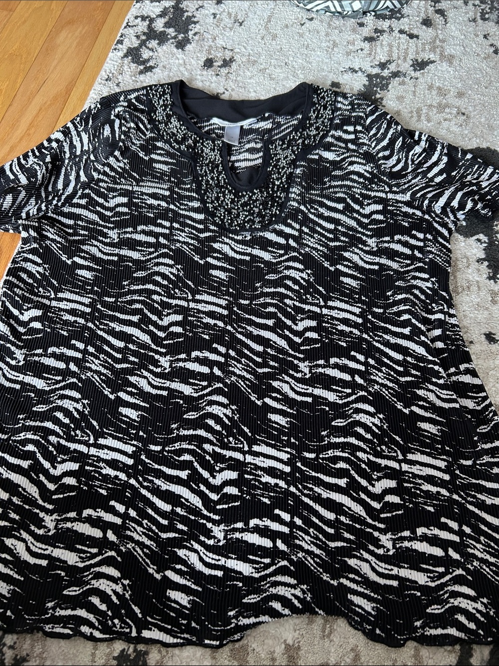 CJ Banks Black & White Zebra-Print Tunic with Beaded Neckline
